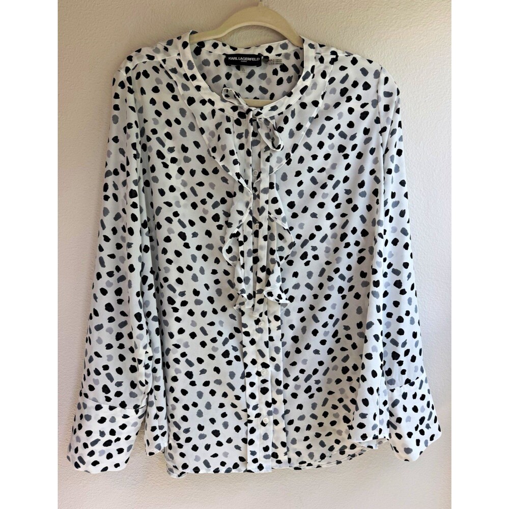 KARL LAGERFELD PARIS Women's XL White/Black Polka Dot Tie Neck Ruffle Blouse